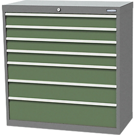 Bedrunka+Hirth drawer cabinet, 7 drawers, lockable, up to 1200 kg, incl. 57-piece drawer partition set, W 980 x D 500 x H 1019 mm, sheet steel