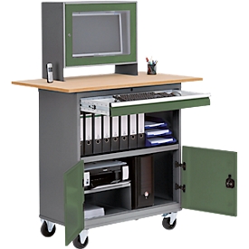 Bedrunka+Hirth Mobile Office 2 computer cabinet, mobile, monitor housing, beech multiplex board, 1 drawer/2 compartments/hinged doors, W 1200 x D 700 x H 1796 mm