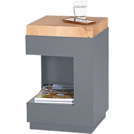 Beistelltisch, quadratisch, Säulenfuss mit Ablagefach & Filzgleitern, bis 30 kg, B 350 x T 350 x H 540 mm, Hirnholz-Eiche/Acryl, grau-matt