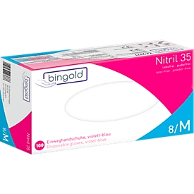 Beschermende handschoenen BINGOLD Nitril 35, wegwerp, microtextured vingertoppen, poedervrij, nitril, paarsblauw, maat M, 100 stuks