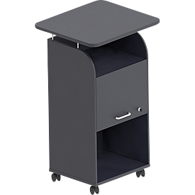 BEXXSTAR mobiele sokkel, 2 legborden, 1 afsluitbaar vak met handgreep, bovenblad, zwenkwielen, B 700 x D 630 x H 1130 mm, hout, zwart