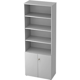 Bibliothèque combinée TOPAS LINE, 6 HC, l. 800 x P 420 x H 2156 mm, étagères 4 HC + portes 2 HC, gris clair/gris clair