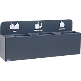 Bica collecteur de déchets 811, 3 x 20 litres, montage mural, acier peint par poudrage, L 1140 x P 290 x H 450 mm, anthracite