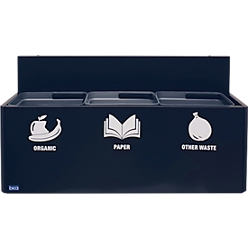 Bica collecteur de déchets 812, 3 x 15 litres, montage mural, acier peint par poudrage, seau intérieur en plastique, L 865 x P 290 x H 450 mm, noir