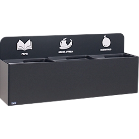 Bica recycleerbak 811, 3 x 20 liter, wandgemonteerd, gepoedercoat staal, B 1140 x D 290 x H 450 mm, zwart