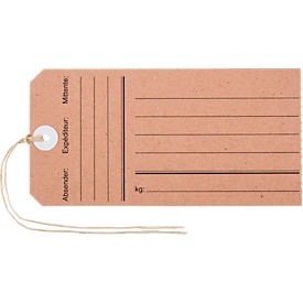Biella hang tags, with address field pre-print, with string and eyelet, L 120 x W 60 mm, cardboard, brown, block of 10 pieces