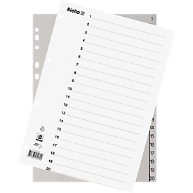 Biella Indexes, for DIN A4, 20-section, numerical 1-10, numbered tabs, universal punching, index print, L 296 x W 226 mm, polypropylene, grey