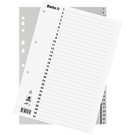 Biella Indexes, for DIN A4, 31-section, numerical 1-31, numbered tabs, universal punching, index print, L 296 x W 226 mm, polypropylene, gray