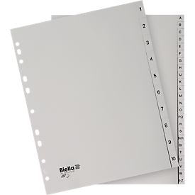 Biella indexes, for DIN A4, extra wide for index pockets in ring/index books, 24 parts, alphabetical division A-Z, index, L 297 x W 244 mm, polypropylene, grey