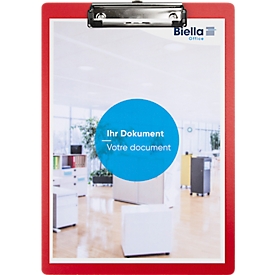 Biella Klemmbrett Scripla, A4 Hochformat, Aufhängeloch und Bügelklemme, B 235 x H 340 mm, Karton und Metall, rot