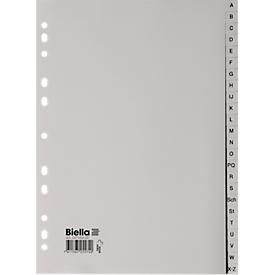 Biella PP Indexes, for DIN A4, 24-section, alphabetical A-Z, universal punching, L 296 x W 226 mm, polypropylene, grey