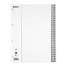 Biella Register, für DIN A4, 52-teilig, numerisch 1-52, nummerierte Taben, Universallochung, Indexdruck, L 296 x B 226 mm, Polypropylen, grau