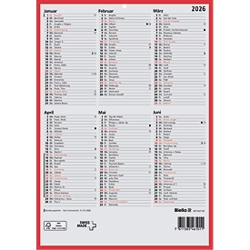 Biella Tafelkalender 2026, 21x29,7 cm, 6 Monate, Mondphasen, Namenstage, FSC Karton, gelocht, rot/schwarz