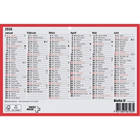 Biella Tafelkalender 2026, 6 Monate, 23,5x15,5 cm, Mondphasen, FSC Mix 70%, Karton, gelocht, schwarz/rot