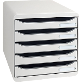 Bloc à tiroirs BIG-BOX PLUS, A4+, 5 tiroirs semi-ouverts avec butée de sortie, poignée encastrée et porte-étiquettes, étiquettes, Ange Bleu, plastique, gris