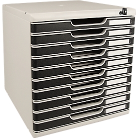 Bloc à tiroirs MODULO - format A4+  - L 247 x P 325 x H 320 mm - 10 tiroirs - verrouillable avec 2 clés - gris