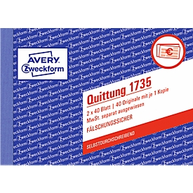 Bloc de reçus 1735-5 Avery Zweckform, A6 paysage, 2 x 40 feuilles, Lot de 4 + 1 gratuit