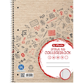 Bloc-notes collège Herlitz Recycling, 80 feuilles, DIN A4+, 70 g/m², 4 perforations, reliure à spirales, OPTIK PAPER®, quadrillé, marge à gauche, multicolore