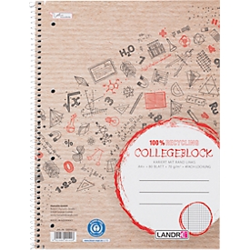 Bloc-notes collégial LANDRÉ Recycling, 80 feuilles, DIN A4+, 70 g/m², 4 perforations, reliure à spirales, OPTIK PAPER®, quadrillé, marge gauche, multicolore