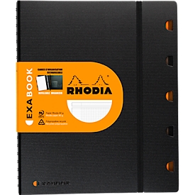Bloc-notes Rhodia ExaBook, 80 feuilles, DIN A4+, 90 g/m², reliure à double spirale, intercalaires, règle, poche intérieure, quadrillé, avec marge et cadre