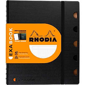 Bloc-notes Rhodia ExaBook, 80 feuilles, DIN A5+, 90 g/m², reliure à double spirale, intercalaires, règle, poche intérieure, quadrillé, avec cadre