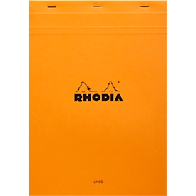 Bloc Rhodia No.18, 80 feuilles, DIN A4, 80 g/m², couverture cartonnée, agrafé, papier velin, certifié PEFC®, ligné, avec marge, orange