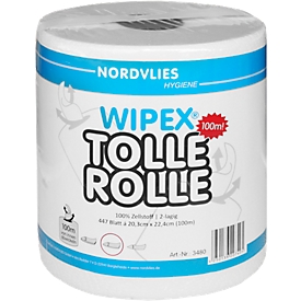 Bobine de papier d'essuyage Wipex, grand rouleau de 100 mètres, 2 épaisseurs, blanc, 447 feuilles par rouleau, 6 rouleaux par carton