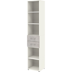 Boekenkast TEMPIO - van hout - met 2 laden - B 400 x D 330 x H 2130 mm - 6 OH - wit en beton decor