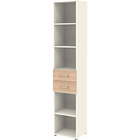 Boekenkast TEMPIO - van hout - met 2 laden - B 400 x D 330 x H 2130 mm - 6 OH - wit en Sonoma eik decor