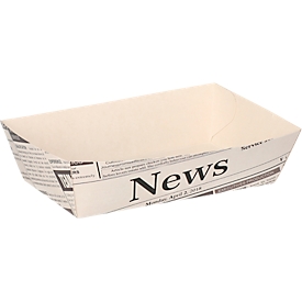 Boîte à frites Papstar Newsprint, moyenne, L 135 x l 90 x H 35 mm, étanche aux graisses, carton à fibres fraîches FSC®, gris-noir, 50 pièces