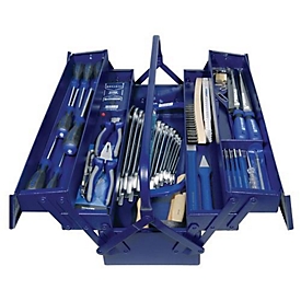 Boîte à outils, avec jeu d'outils de 60 pièces, L 530 x P 200 x H 200 mm, tôle d'acier, bleue