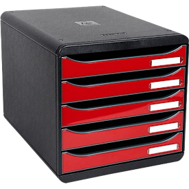 Boîte à tiroirs BIG-BOX PLUS, A4+, 5 tiroirs semi-ouverts avec butée de sortie, poignée encastrée et porte-étiquettes, étiquettes, Ange Bleu, plastique, noir-rouge