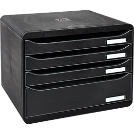 Boîte à tiroirs BIG-BOX PLUS HORIZON QUER, A4+, 4 tiroirs semi-ouverts avec butée de sortie, poignée encastrée et porte-étiquettes, étiquettes, Ange Bleu, noir