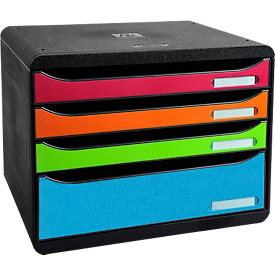 Boite à tiroirs BIG-BOX PLUS HORIZON QUER, A4+, 4 tiroirs semi-ouverts, butée coulissante/poignée recess/porte-étiquettes, étiquettes, Ange Bleu, noir-harlequin