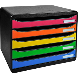 Boîte à tiroirs BIG-BOX PLUS HORIZON QUER, A4+, 5 tiroirs semi-ouverts avec butée de sortie, poignée encastrée et porte-étiquettes, étiquettes, Ange Bleu, arlequin