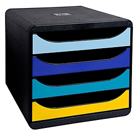 Boîte à tiroirs Exacompta BEE BLUE Big Box, pour format A4+, 4 tiroirs multicolores &amp; semi-ouverts avec butée d'arrêt &amp; poignée encastrée, PS, noir