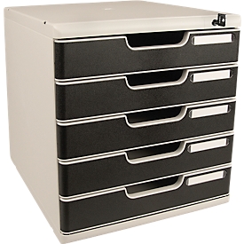 Boîte à tiroirs MODULO, format A4+, 5 tiroirs verrouillables, fermée, poignée encastrée &amp; porte-étiquette, 2 clés, plastique, gris