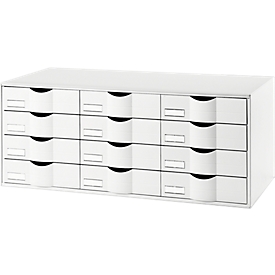 Boîte à tiroirs Paperflow, format A4, 12 tiroirs avec façade fermée, poignée encastrée et porte-étiquettes, étiquettes, L 857 x P 342 x H 350 mm, PS, blanc