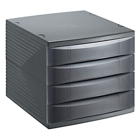 Boîte à tiroirs Rotho QUADRA, 4 tiroirs fermés au format A4, poignées encastrées, empilable, L 330 x l 285 x H 320 mm, polystyrène, anthracite