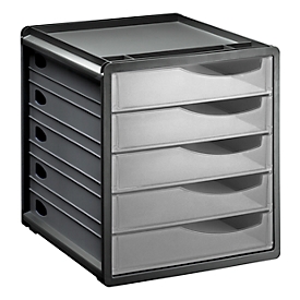 Boîte à tiroirs Rotho SPACEMAKER, 5 tiroirs fermés au format A4, poignées encastrées, empilable, L 330 x l 285 x H 320 mm, polystyrène, noir-transparent