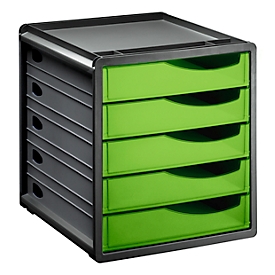 Boîte à tiroirs Rotho SPACEMAKER, 5 tiroirs fermés au format A4, poignées encastrées, empilable, L 330 x l 285 x H 320 mm, polystyrène, noir-vert