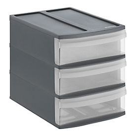 Boîte à tiroirs Rotho SYSTEMIX TOWER S, 3 tiroirs fermés format A5, poignées encastrées, empilable, L 265 x l 192 x H 233 mm, PP, anthracite-transparent