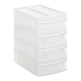 Boîte à tiroirs Rotho SYSTEMIX TOWER XS, 4 tiroirs fermés format A6, poignées encastrées, empilable, L 196 x l 141 x H 233 mm, PP, transparent