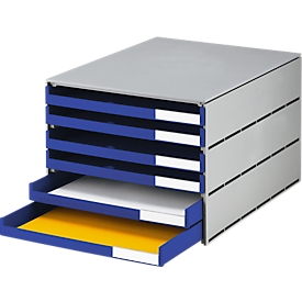 Boîte à tiroirs styro® Styroval, format C4, 6 tiroirs ouverts, empilable, matériel d'étiquetage, L 243 x P 335 x H 200 mm, plastique recyclé, gris-bleu