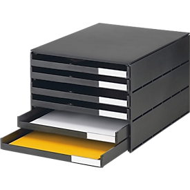Boîte à tiroirs styro® Styroval, format C4, 6 tiroirs ouverts, empilable, matériel d'étiquetage, L 243 x P 335 x H 200 mm, plastique recyclé, noir