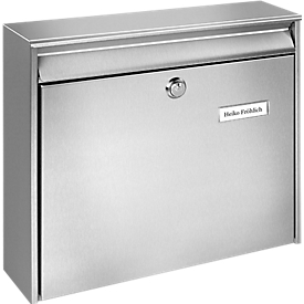 Boîte aux lettres Borkum, inox, entrée de courrier format C4, porte nom, serrure à cylindre et avec blocage de l'ouverture
