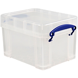 Boîte de transport Really Useful Box, volume 3 l, L 240 x l 180 x H 160 mm, empilable, avec couvercle &amp; poignées rabattables, PP recyclé, transparent
