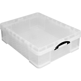 Boîte de transport Really Useful Box, volume 70 l, L 810 x l 620 x H 225 mm, empilable, avec couvercle &amp; poignées rabattables, PP recyclé, transparent