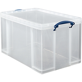 Boîte de transport Really Useful Box, volume 84 l, L 710 x l 440 x H 380 mm, empilable, avec couvercle & poignées rabattables, PP recyclé, transparent