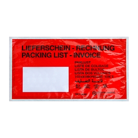 Bolsillos para albaranes, ventana izquierda, con impresión, autoadhesivo, papel cristal 100 % reciclable, tamaño C6, rojo, 250 unidades